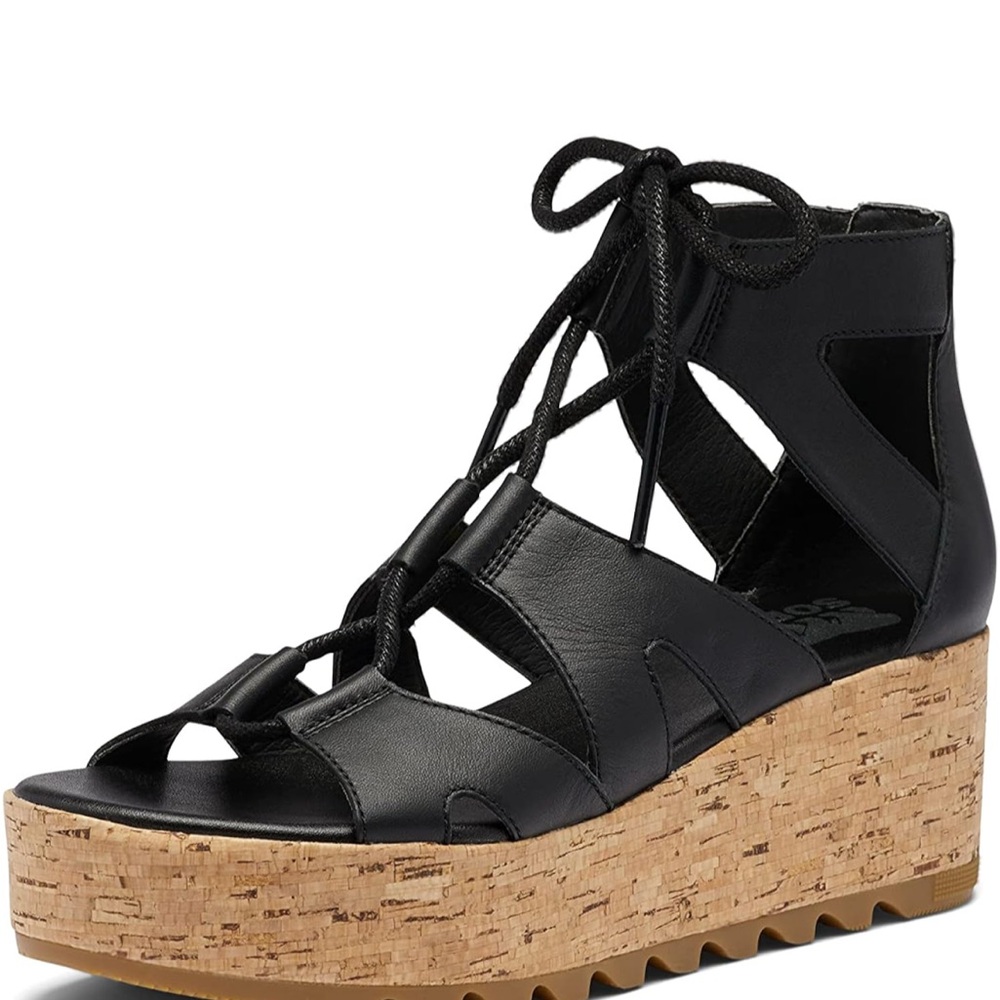 Sorel Cameron Flatform Lace-Up Sandal – Black & Gum, Size 6